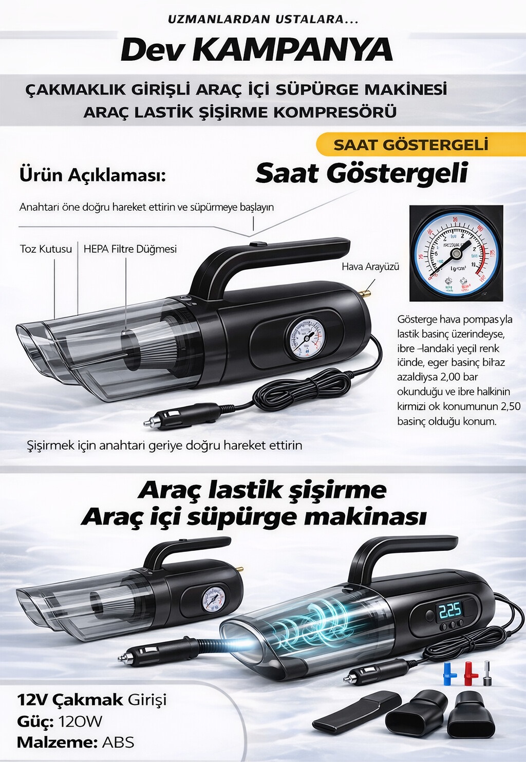 12V Çakmaklı Oto Süpürge & Kompresör